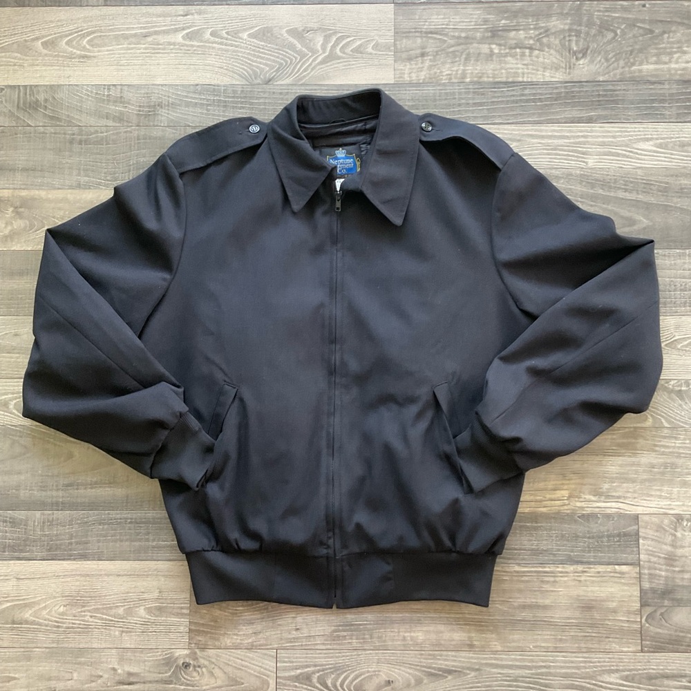 VTG Neptune Garment Co Bomber Jacket Men’s 44L Black Epaulets Lined Full Zip